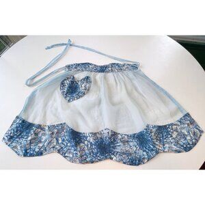 Vintage 1960s half apron, blue chiffon scalloped bottom, cottage core